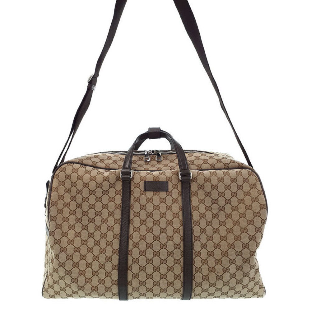 Gucci Boston Duffle Bag GG monogram canvas leather trim top handles Brown